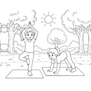 Ausmalbild Kinder machen Yoga im Baum und herabschauenden Hund