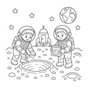 Kids Exploring Craters on the Moon Coloring Page