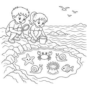 Ausmalbild Kinder erkunden Gezeitentümpel