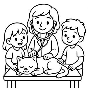Malvorlage Kinder Helfen einem Tierarzt mit einer Schlafenden Katze