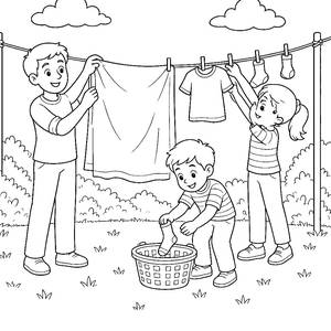 Kids Helping Hang the Laundry on the Washing Line Coloring Page