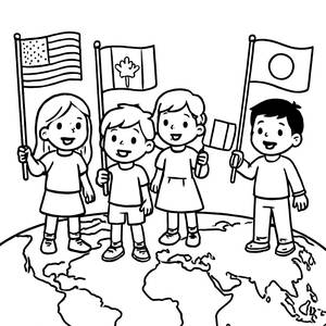 Kids Holding National Flags Coloring Page
