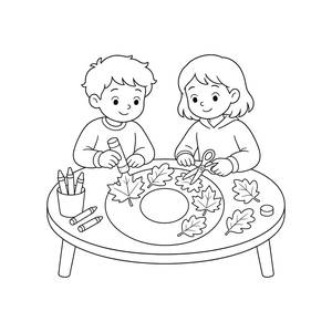 Kids Making a Leaf Gratitude Wreath Coloring Page
