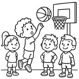 Pagina da Colorare di Bambini che Giocano a Basket