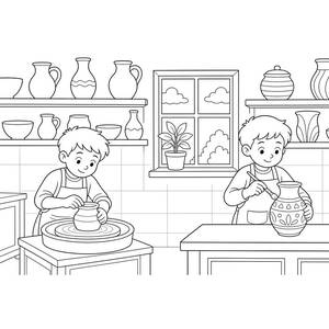 Kids at a Pottery Class Coloring Page