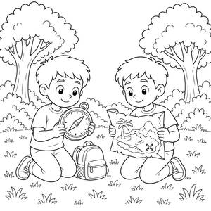Kids Reading a Treasure Map with a Compass Coloring Page