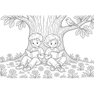 Kids Reading under a Tree Coloring Page