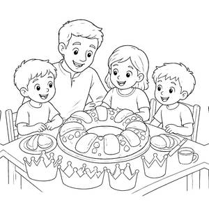 Ausmalbild Kinder teilen einen spanischen Roscón de Reyes