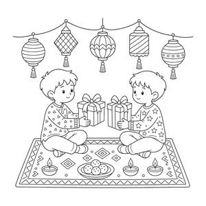 Kids Swapping Diwali Gift Boxes Coloring Page