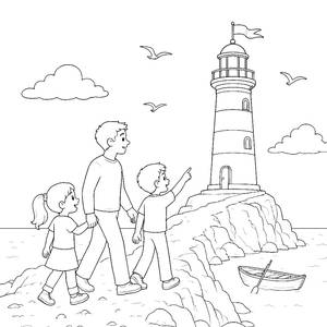 Peques visitan un faro de rayas junto al mar para colorear