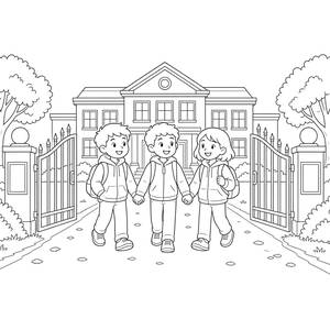 Kids with Backpacks at the School Gate Coloring Page