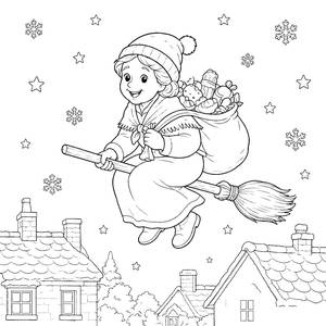 Ausmalbild Befana fliegt auf dem Besen über verschneite Dächer