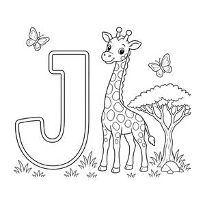 Ausmalbild Buchstabe J: Giraffe mit Akazie und Schmetterlingen