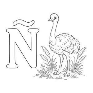 Lettera Ñ da colorare: un nandù nell'erba della pampa
