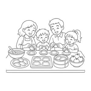 Famiglia che prepara i ravioli cinesi da colorare