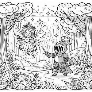 Pagina da Colorare di una Foresta Magica con una Fata e un Cavaliere Eroico