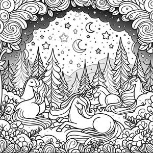 Página para Colorear de un Bosque Mágico con Unicornios y Estrellas
