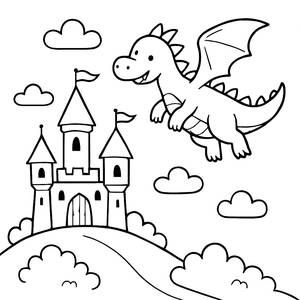 Majestic Castle and Friendly Dragon Coloring Page