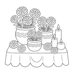 Marigold Flowers and Candles Coloring Page
