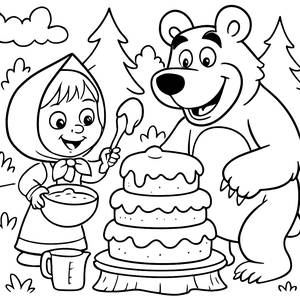 Página para Colorear de Masha y el Oso Haciendo un Pastel Gigante