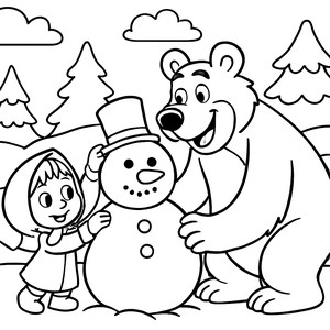 Masha and Bear Snowman Coloring Page