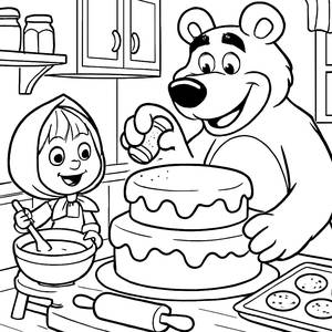 Página para Colorear de Masha y el Oso Haciendo un Pastel Gigante
