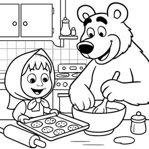 Masha and the Bear Baking Cookies Coloring Page