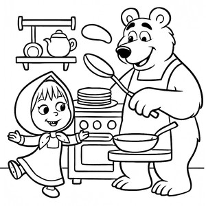 Masha and the Bear Coloring Page: Bear Cooking Pancakes