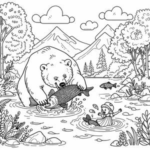 Page à Colorier Masha et Michka : Aventure de Pêche de l'Ours