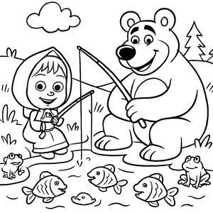 Masha and the Bear Fishing Coloring Page