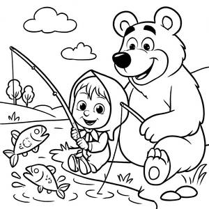 Malvorlage von Masha und dem Bären beim Angeln