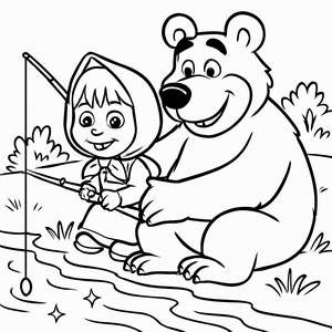 Página para Colorir Masha e o Urso Pescando