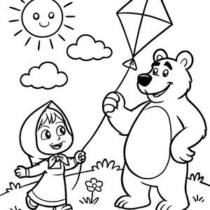 Página para Colorear de Masha y el Oso Volando un Colorido Cometa