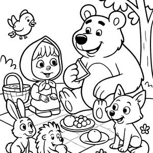 Página para Colorear de Masha y el Oso en un Picnic