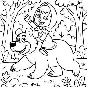 Masha Riding the Bear Coloring Page