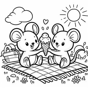 Pagina da Colorare di Topolino e Minnie che Condividono un Gelato su una Coperta da Picnic