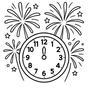 Malvorlage: Uhr Mitternacht mit Feuerwerk