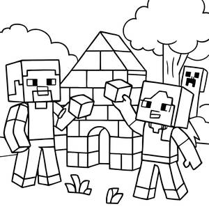 Minecraft Coloring Page: Steve and Alex Build a Block House!