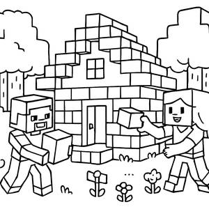 Minecraft Coloring Page: Steve and Alex Build a Colorful House