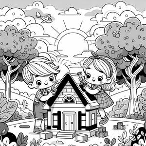 Pagina da Colorare Minecraft: Steve e Alex Costruiscono una Casa Accogliente