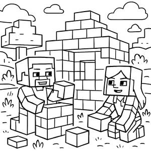 Pagina da Colorare Minecraft: Steve e Alex Costruiscono una Casa di Blocchi
