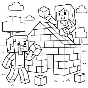 Minecraft Ausmalbild: Steve und Alex Bauen ein Blockhaus
