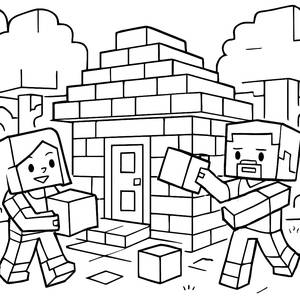Página para Colorear de Minecraft: Steve y Alex Construyendo una Casa Acogedora