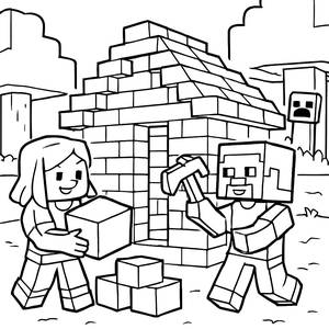 Minecraft Coloring Page: Steve and Alex Building a Cozy House!