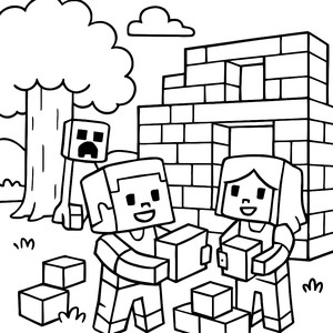 Minecraft Coloring Page: Steve and Alex Building a House with a Creeper!