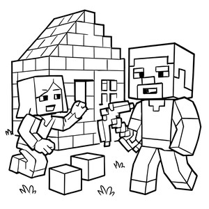 Minecraft Coloring Page: Steve and Alex Building a House with a Diamond Pickaxe