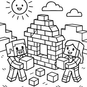 Minecraft Coloring Page: Steve and Alex Building a House