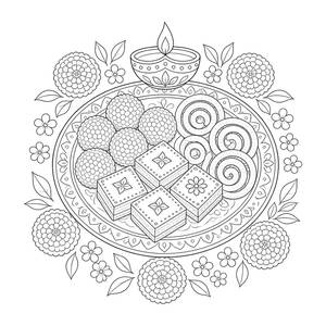 Diwali Mithai Coloring Page: A Plate of Indian Sweets