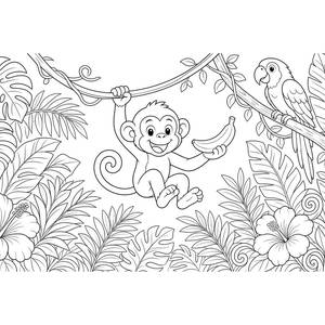 Monkey Swinging on a Jungle Vine Coloring Page