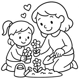 Pagina da Colorare Madre e Figlio che Piantano Fiori